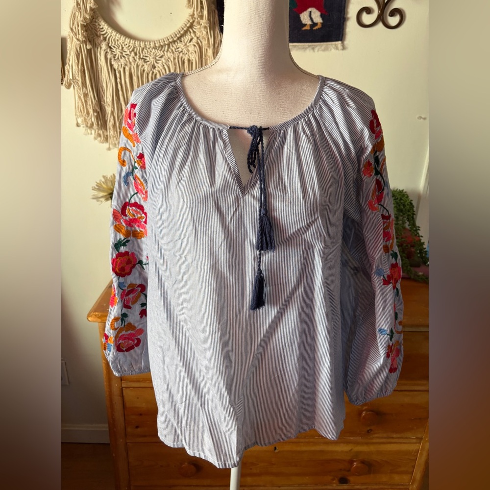 World Market Blue Striped Blouse with Floral Embroidery